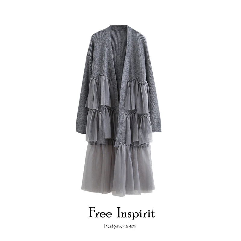 

Free Inspirit Casual Long-style Computer Knitted Lady's Cardigans Splicing Of Lace Screen Yarn Women's Open Stitch Sweaters