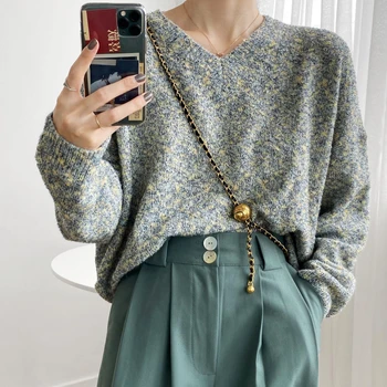 

Yeeloca Autumn Winter New Lazy Style Special Yarn Mixed Color Knitted Sweater Women's Casual V-neck Loose Pullovers Korean Top