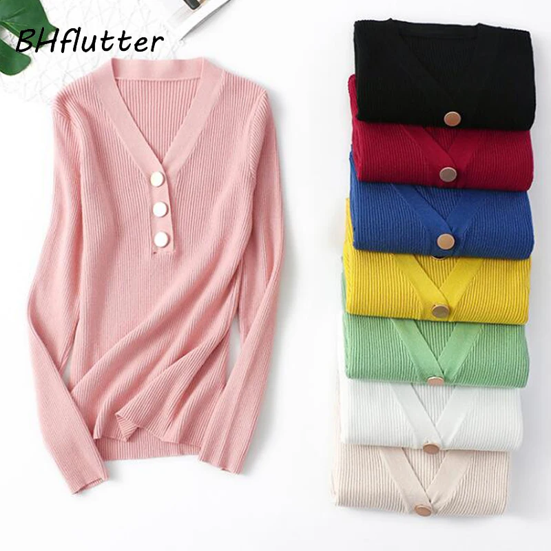 

BHflutter Women Sweater 2019 Fashion Buttons V neck Long Sleeve Autumn Winter Sweaters Knit Tops Slim Casual Knitted Pullovers