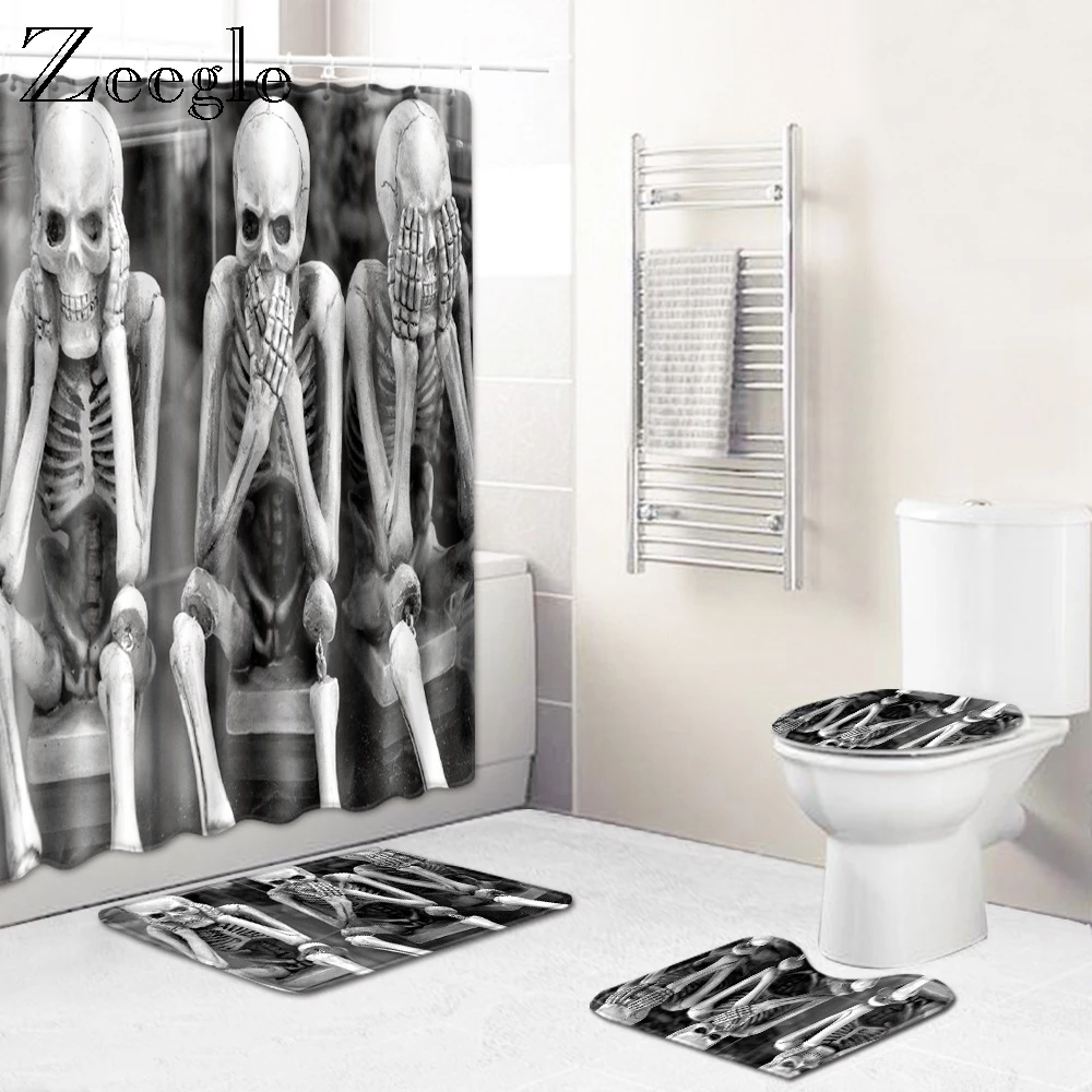 Zeegle Printed Bath Mat Set Halloween Mat for Toilet Decoration Flannel Bathroom Soft Carpet Waterproof Toilet Shower Curtain
