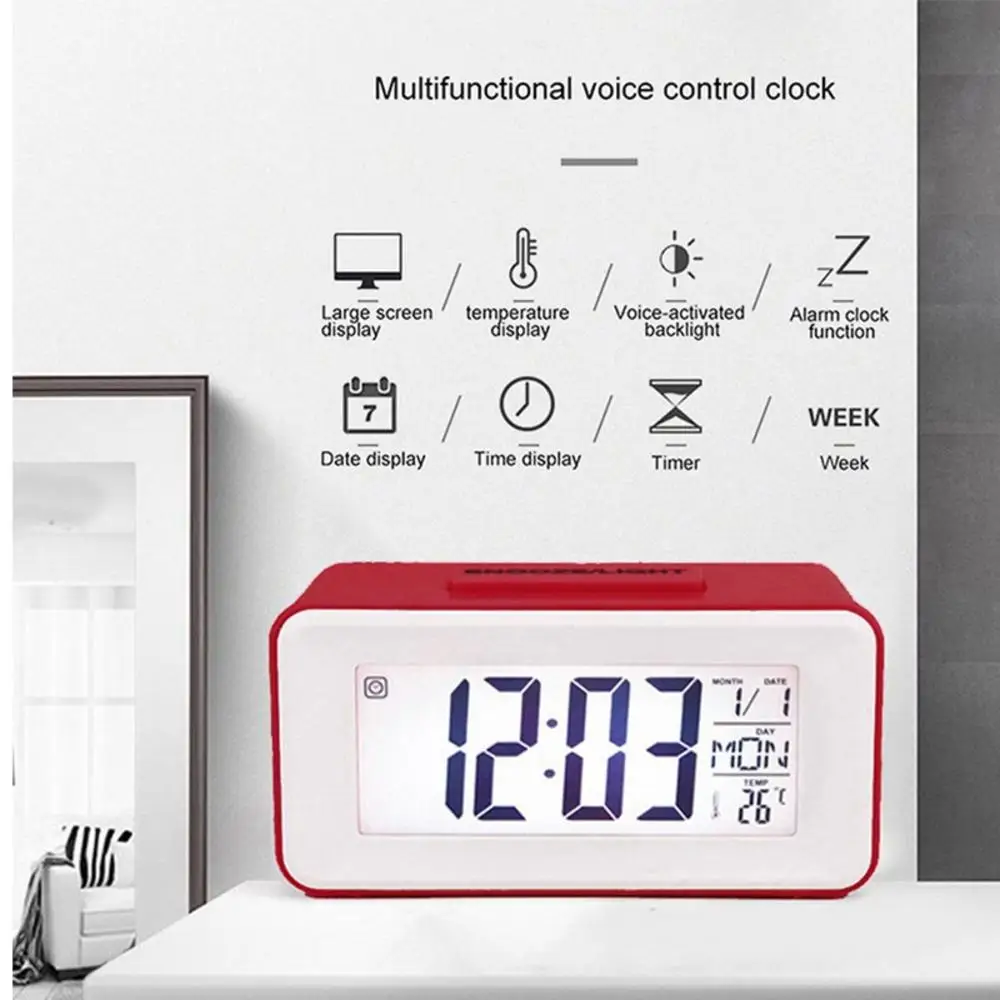 Desk Digital Clock Sound Control Backlight 12/24 H Snooze 8 Alarm Ringtones Bedrooms kids simple electronic clock