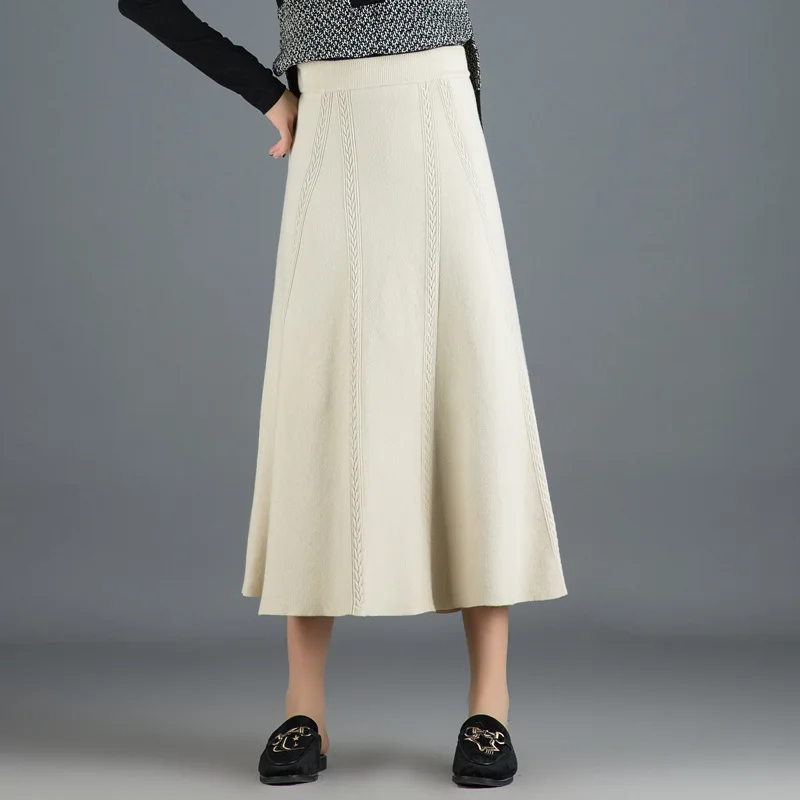 Azr7708 Khaki Faldas mujer moda новая длинная юбка женская осенняя и зимняя юбка с надписью Женская трикотажная шерстяная плиссированная юбка Толстая Jupe femme - Цвет: Azr7708 Khaki