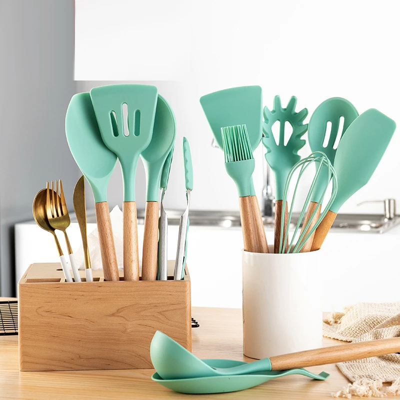 

9/11PCS Silicone Cooking Set Utensil With Storage Box Natural Wooden Handles Non-stick Spatula Shovel Kitchen Cookware Tools