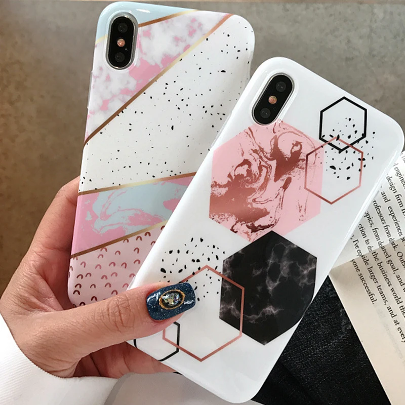 

Marble Geometric Pattern White Phone Case for iPhone 6 6s 7 8 Plus X Xs XR Xs Max TPU Soft Back Cover