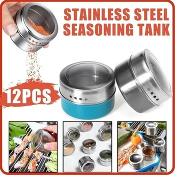 

12pcs Magnetic Spice Jar Set With Stickers Stainless Steel Spice Tins Spice Storage Container Pepper Seasoning Sprays Z0227