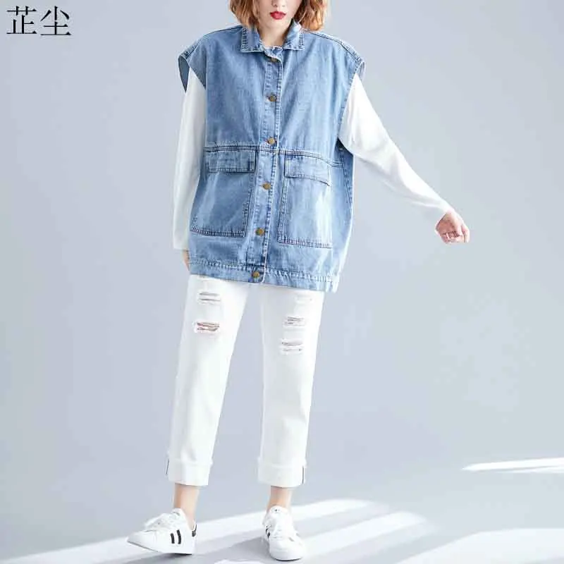 

Women Denim Jacket Coat 2019 Autumn Winter Vintage Sleeveless Femme Outerwear Loose Plus Size Korean Long Cardigan Jeans Jackets