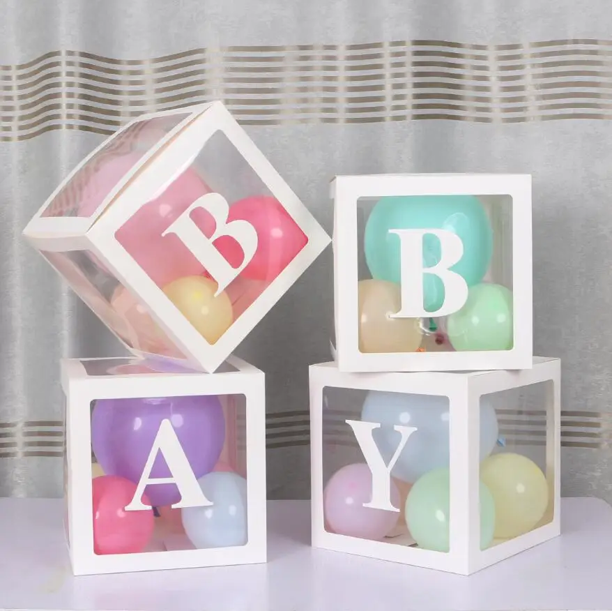 baby white(no ball) 4 шт./компл. DIY прозрачная коробка для малышей, серая, белая, розовая, макарон, полоска для воздушных шаров, латексные воздушные шары, любовные блоки для мальчиков и девочек, детский душ, Свадебный декор для дня рождения - Цвет: baby white(no ball)