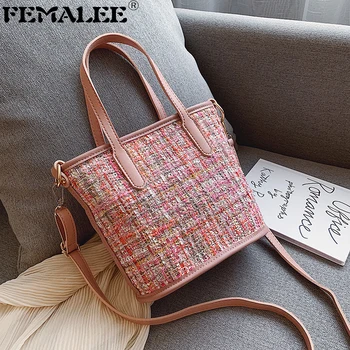

Winter Tweed PU Leather Bucket Bag Elegant Women Trendy Handbag Lady Simple Girls Shoulder Bag Female Wool Crossbody Bag 2019