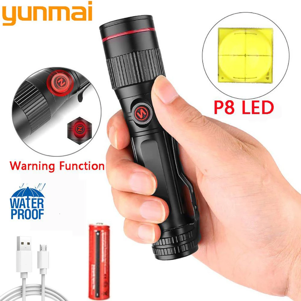 

NEW P8 LED Light Aluminum Alloy USB Rechargeable Flashlight Lamp Waterproof 1x18650 Switch Modes Ultra Bright torch One battery
