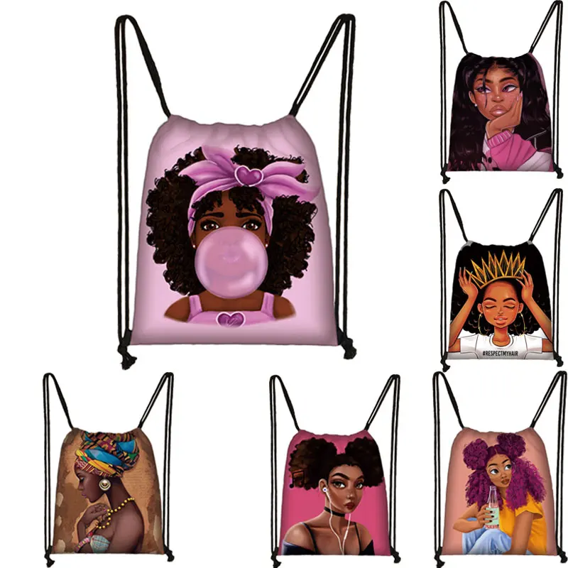Precio Especial Bolsa de almacenamiento con cordón para chicas Afro, bolso de viaje con dibujos animados qzKObozdZ