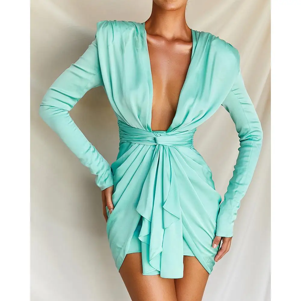 

Vintage Deep V Neck Dress for Women Drawstring Slim Party Dress 2019 Autumn Long Sleeve Bodycon Dresses vestidos de verano