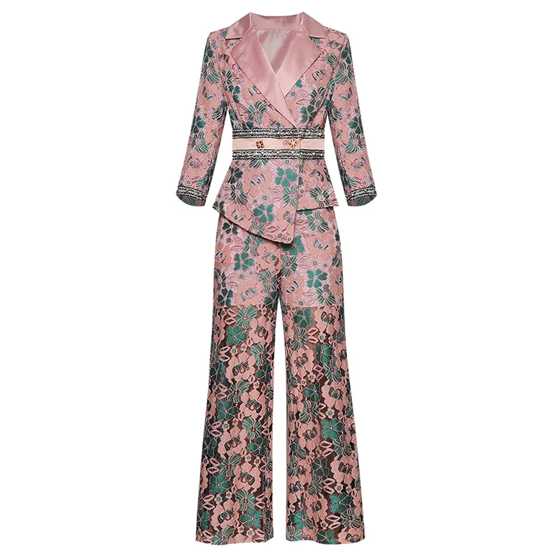 Женщины осень комплекты V шеи 3/4 рукава неправильной формы блейзер прямые длинные брюки кружева с цветочным принтом модные розовые костюмы