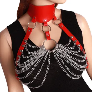 

Metal Chain Leather Harness Red Women Top Cage Neck Belt Punk Goth Hollow Out Party Dance Clothing Adjust Straps Lingerie