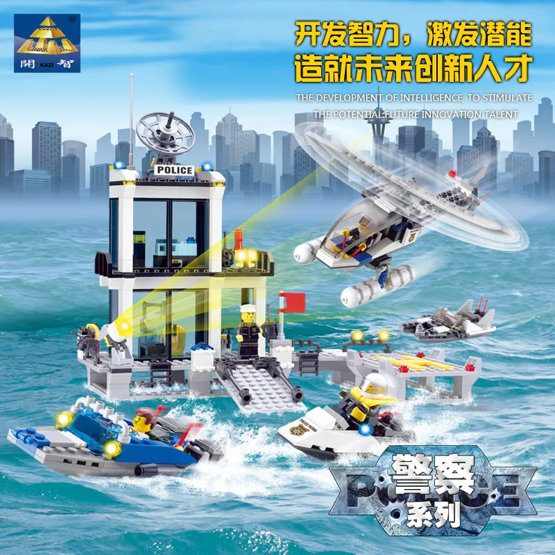

KAZI Police Series Children'S Educational Science Building Blocks Kids Assembled Marine Police Station Model Toy 6726