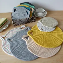 

1Pc Cotton Woven Coaster Cat Ears Shape Hanging Placemat Dining Table Plate Dish Mat Kitchen Cup Pot Holder Insulation Pad