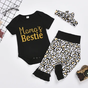 

HIPAC Newborn Baby Girl Toddler Romper Jumpsuit Summer Fashion Clothes Leopard Pants MAMA Bestie Print Tops Bow Headband Sets