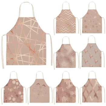 

Rose Golden Geometric Printed Cotton Linen Sleeveless Aprons Flower Kitchen Women Pinafore Home Cooking Baking Waist Bib WQL0154