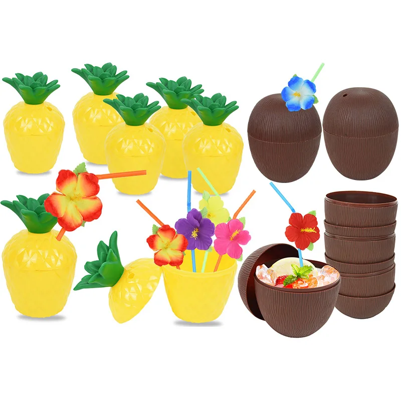 1pc Tropical Pineapple Coconut Drinking Cup Juice Cups With Straws Hawaiian Luau Birthday Wedding Summer Beach Pool Party Decor