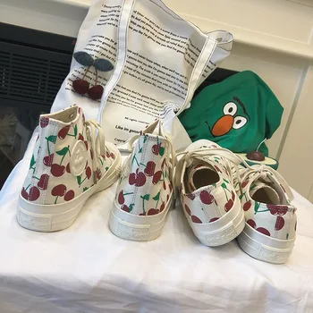

Spring 2019 Retro Japanese Cherry Canvas Shoes For Girls High Top Chunky Sneakers Hand Painted HK Wind Vulcanized Cute Shoes