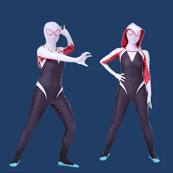

New Spider Gwen Stacy Spandex Lycra Zentai Spiderman Costume For Halloween Mask Cosplay Women Female Spider Suit Anti-Venom Gwen