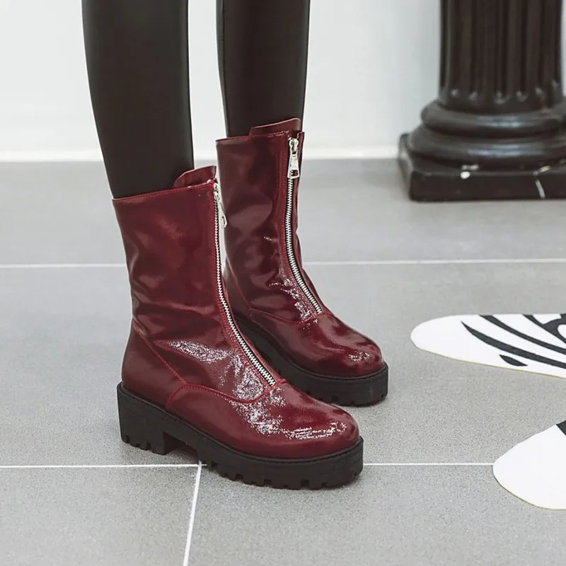 Женские ботинки до середины икры; chaussure; зимние ботинки-гладиаторы; большие размеры; обувь из лакированной кожи; женская обувь; zapatos mujer sapato; H293