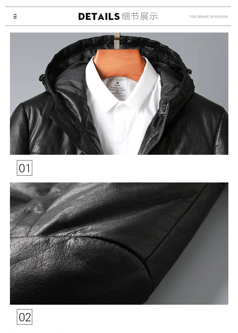 Winter New Youth First Layer Cowhide Leather Jacket Men's Mid-length Thick Hooded Leather Down Coat black puffer coat