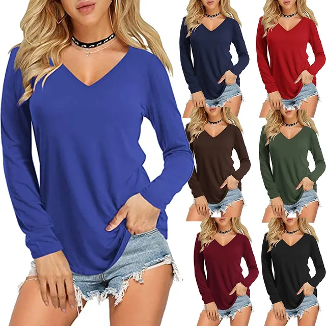 Tshirt Women Lady Fashion Tops Solid Color Loose Long Sleeve V-neck Casual Aesthetic Top Women T Shirt