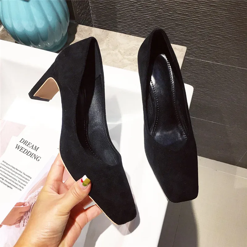 

Suede high heel women thick with autumn and winter 2020 new Korean version of the wild shallow slip shoes Mary Jane women's shoe