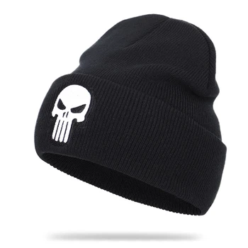 

New High Quality Skull Embroidery Black Knit Beanie The Punisher Winter Casual Hat Women Men Warm Soft Cap Cotton Hedging Cap
