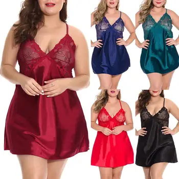 

Plus Size Nightwear XL-4XL Sexy Sleepwear Nightie v-neck Straps Patchwork Adjustable Floral Lace Spaghetti Nightdress Women