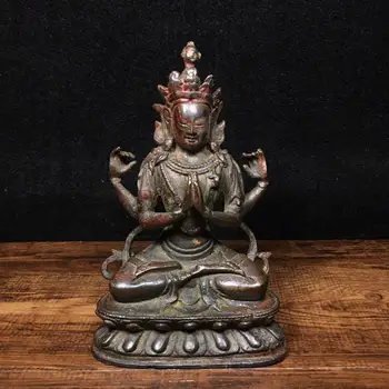 

Wedding Decoration 6" Tibet Buddhism Temple Old bronze Four-armed Guanyin Statue Bodhisattva Avalokitesvara Buddha Statue