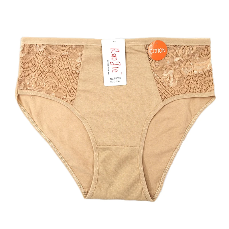 Хаки Хлопок 2XL-4XL Большие размеры с высокой талией женские трусики однотонные кружевные трусики нижнее белье женские сексуальные трусики большого размера 68039 - Цвет: Хаки