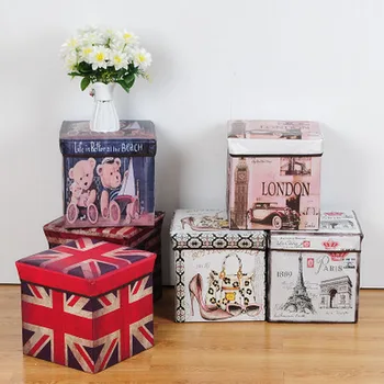 

Retro Printing Multifunctional Folding Storage Stool With Lid Can Sit Sofa Multifunctional Household Shoe Stool Finishing Box