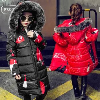

New Girls Thick Warm Winter Coat Graffiti Fur Fashion Kids Hooded Jacket Coat for Girl Long Down Coats Outerwear Girls Clothes