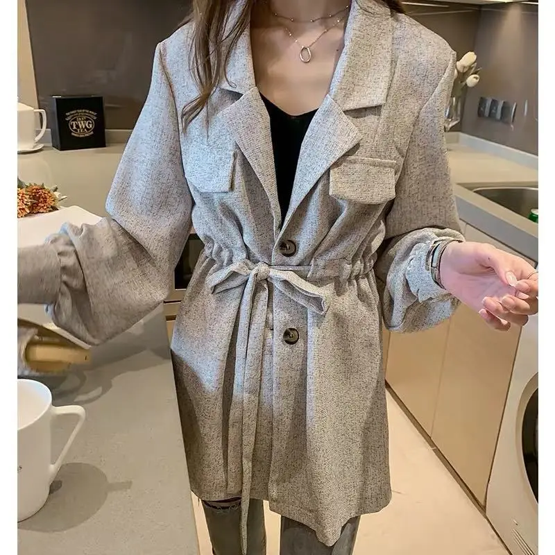 

2019 Autumn Clothing New Style Korean-style Elegant Small Suit Coat Women's Mid-length Loose-Fit Waist Hugging Suit CHIC Tops