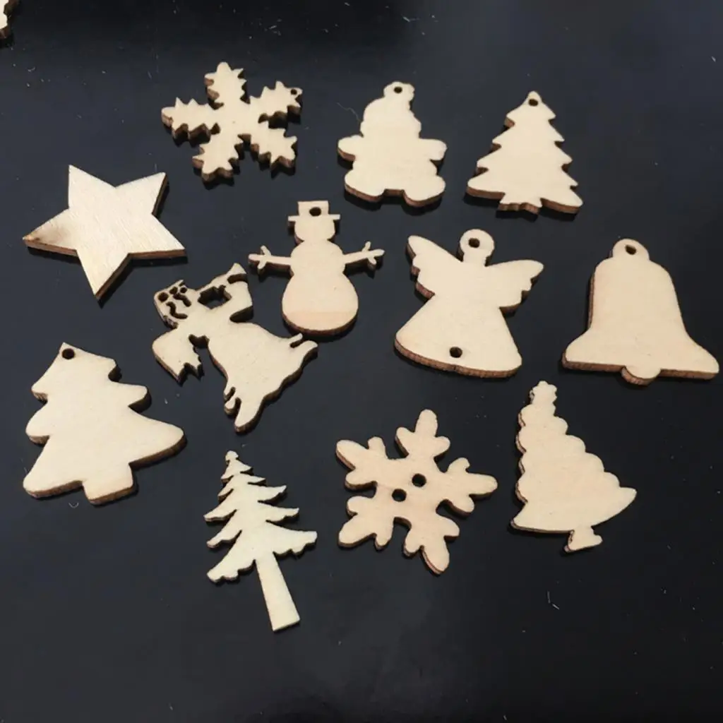 50 Pcs Trees Shapes Nature Decorations Sets for Kids - Angle, Ring Bell, Tree, Snowflakes Shaped Wooden Embellishments