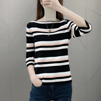 

Women's Sweater 2019 Autumn Stripe Slim Seven Sleeve Pullover Female O-Neck Winter Bottoming Knitwear Korean Knitted Sweaters