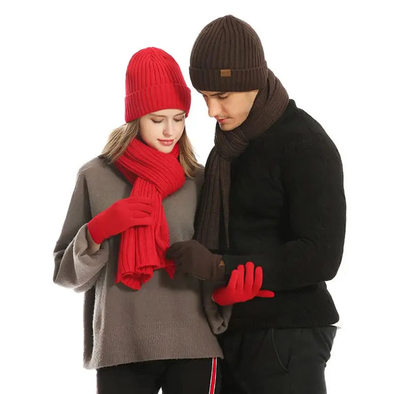 Unnisex 3 в 1 зимний теплый ребристый вязаная шапка бини длинный шарф перчатки с сенсорным экраном