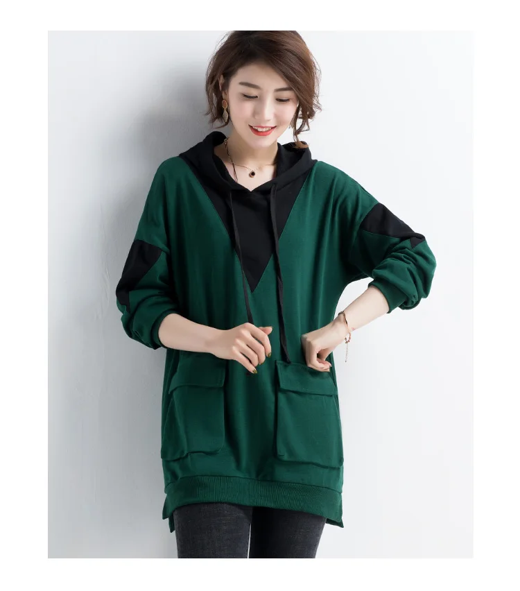 L-5XL Plus Size Women Long Hoodies Autumn Fashion Long Sleeve Patchwork Colored Loose Casual Sweatshirt with Pockets