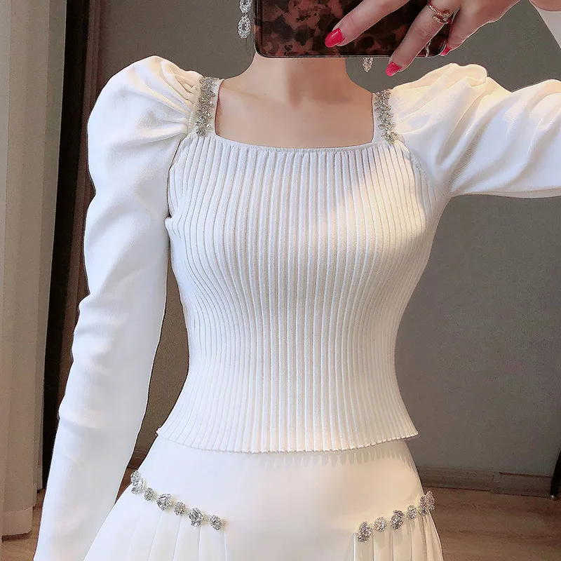 

White Cropped Sweater Women 2021 Ladies Jumpers Women Beaded Square Collar Puff Sleeve Fashion Sweater Slim Short Knit Pullovers