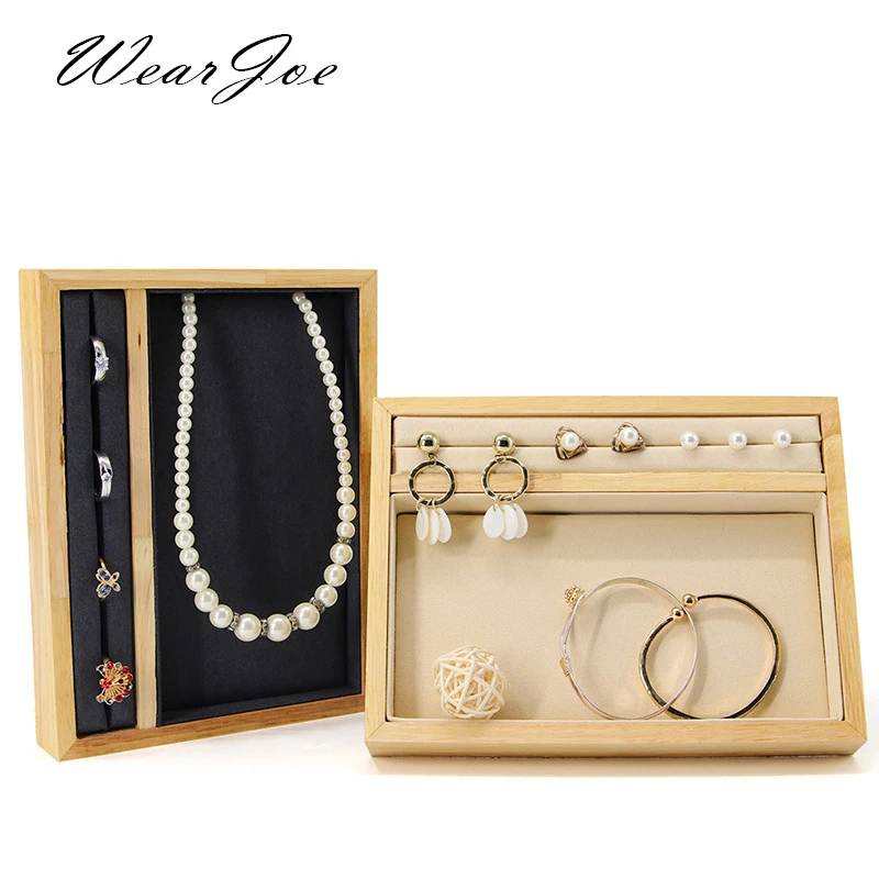 Wood Jewelry Display Tray Insert Velvet Ring Earrings Necklace Bracelet Storage Case Presentation Box Holder Organizer Showcase