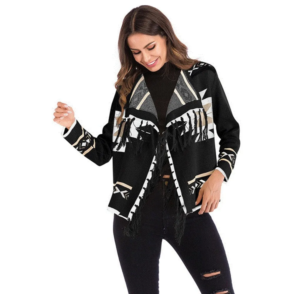 Joineles осень зима женские повседневные кардиганы с отворотом и кисточками этнический принт Женский пуловер пальто длинный рукав Повседневный свитер верхняя одежда