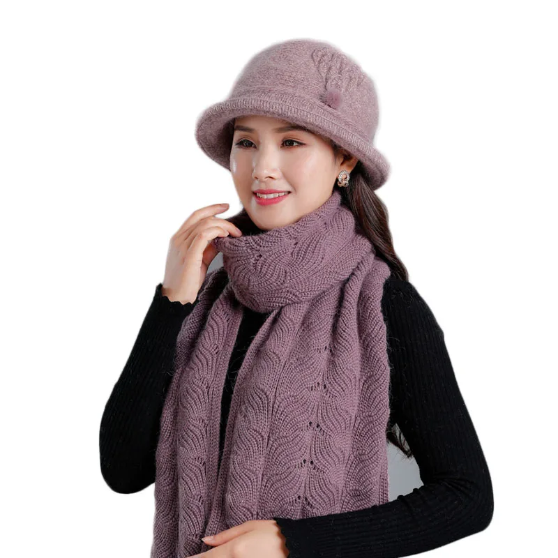 Комплект из 2 предметов, новая зимняя шапка с кроличьим мехом и шарф для женщин, толстые шапки, Зимние Женские однотонные Повседневные вязаные шапки для мамы, шаль