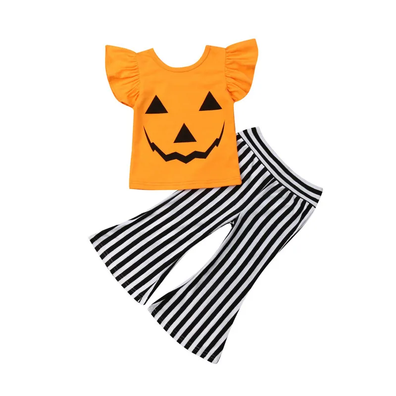 

Kids Toddlers Baby Girl Halloween Pumpkin T-shirt+Striped Bell-bottom Pants Girls Holiday Party Casual Outfit Clothes
