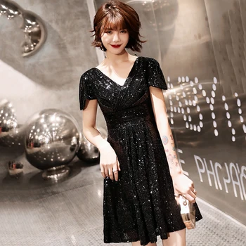 

Sexy Black Sequins Bling Women Evening Party Gown V-neck Noble Chinese Dress A-line Elegant Qipao Short Cheongsam Robe De Soiree