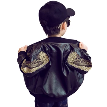 

4-12 Years Kids Boys Windbreaker Coats Autumn Winter Fashion Children's Plus Velvet Warming Cotton PU Leather Jacket with Wing