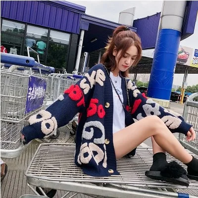 Navy Blue Осенний теплый свитер для женщин, модный толстый кардиган с буквенным принтом, свитера для женщин, Повседневная Уличная одежда, свободный свитер с открытой строчкой - Цвет: Navy Blue