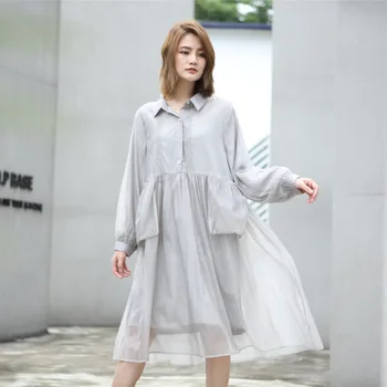 

LANMREM Grey Lapel Bubble Long-sleeved Three-dimensional Pocket High Waist Plus Woman Dress Casual Fashion 2020 Spring New TD242