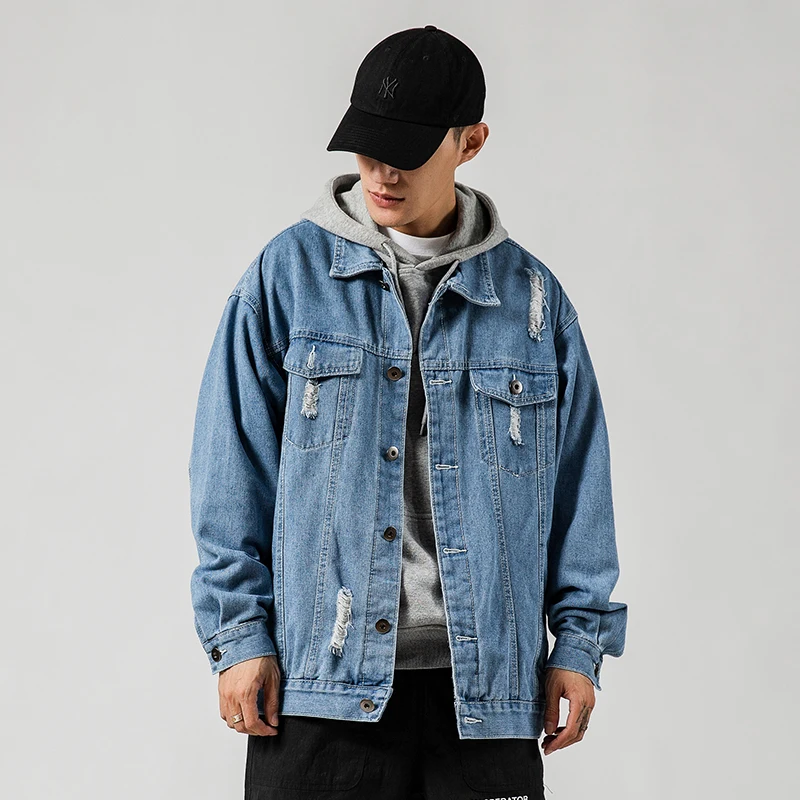 

Hole Denim Jacket Men's Fashion Solid Color Loose Casual Denim Jackets Mens Streetwear Wild Hip Hop Bomber Jacket Men M-5XL