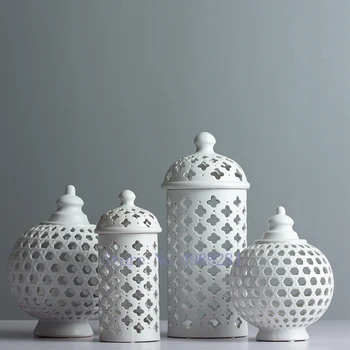 

Creative Ceramics Hollow Out Vase Storage Jar with Cover Crafts Decoration White Modern Home Decoration Accessories Figurine